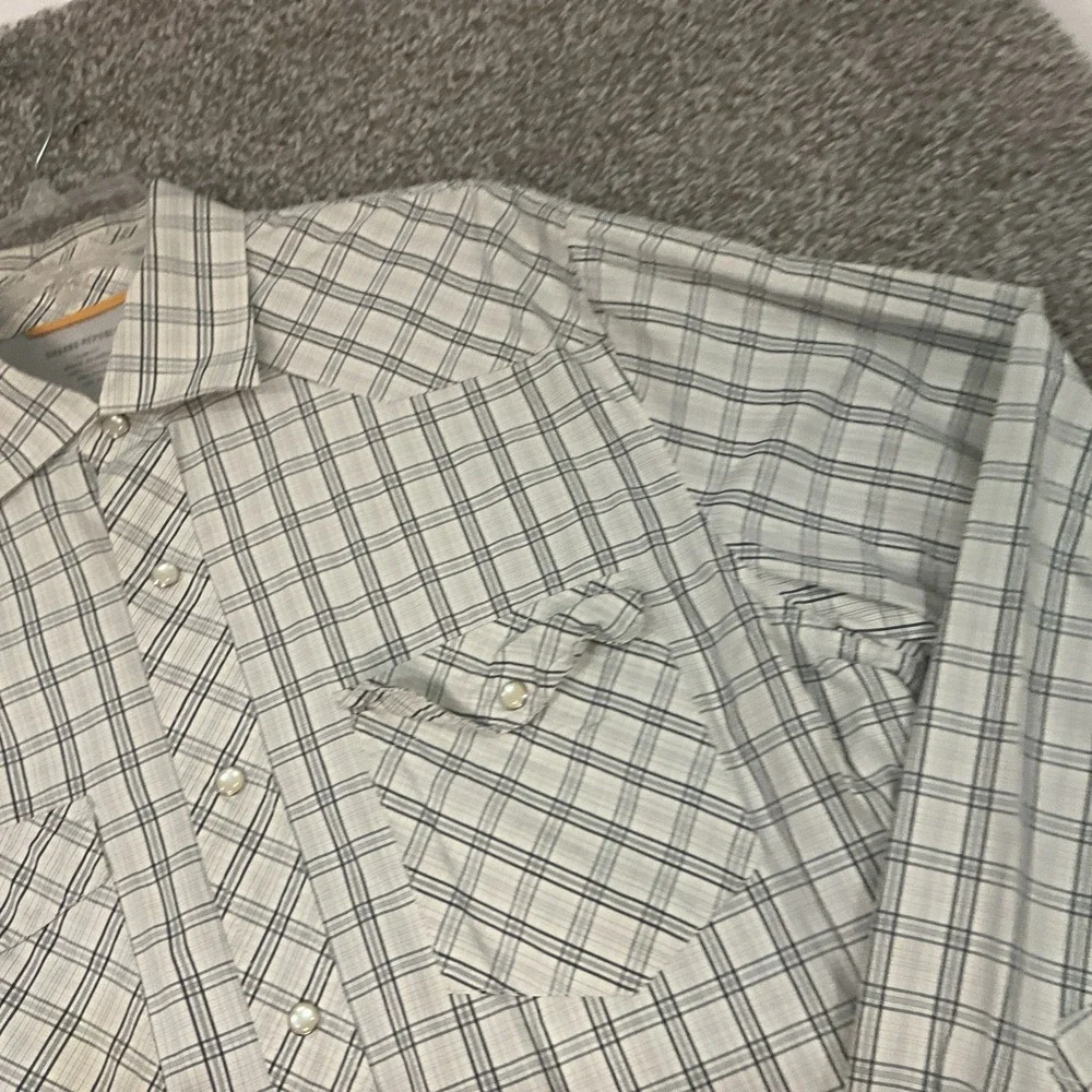 Western Shirt Pearl Snap Plaid Long Sleeve Banana Republic Slim Fit XL Blue‎
